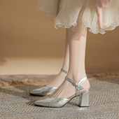 一字带方头中空高跟玛丽珍单鞋 法式 新款 女2024年夏季 粗跟包头凉鞋