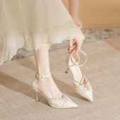 单鞋 女夏尖头细跟气质大码 加肥加宽百搭水钻 高跟鞋 包头一字带凉鞋