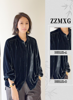 【珍珍休闲馆】墨蓝流光丝绒知性中式气质长袖蚕丝上衣S-13655
