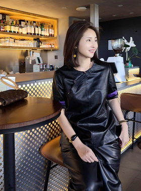 【珍珍休闲馆】轻奢小羊皮新中式斜襟气质显瘦时尚上衣S-13280