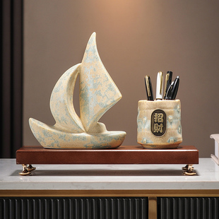 一帆风顺帆船笔筒摆件办公室桌面公司开业送老板领导装饰品工艺品