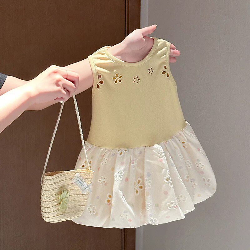 女童连衣裙夏季新款儿童韩版镂空花苞无袖背心裙洋气女宝宝公主裙