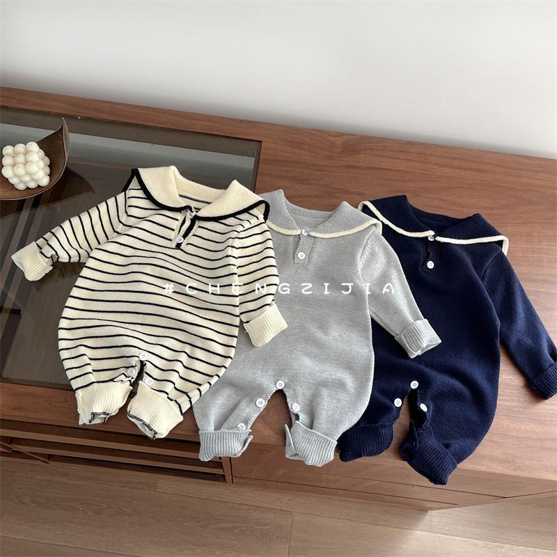 儿童春装毛衣婴儿条纹长爬连体衣