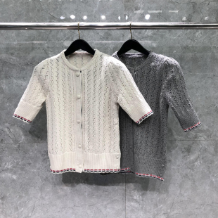 TB气质小香风镂空针织开衫短袖女夏季红白蓝薄款宽松圆领外搭上衣