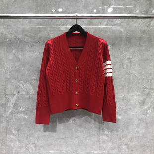 TB法式复古红色麻花毛衣外套女V领冬加厚宽松软糯小个子针织开衫