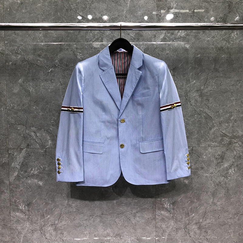 TB西装女士浅蓝细条纹双袖织带秋冬男士商务伴郎白领职业西服外套