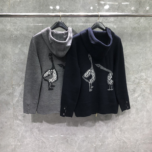 TB秋冬新款慵懒风针织外套男宽松后背嵌花潮牌纯色连帽开衫毛衣