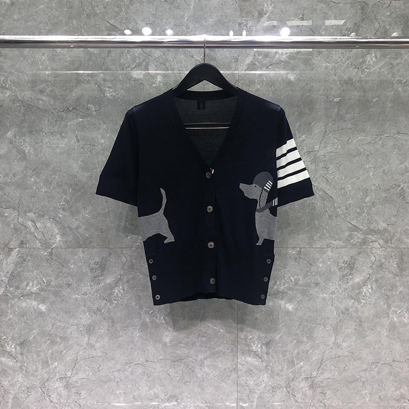 TB短袖针织开衫女学院风夏季新款四条杠小狗图案V领百搭宽松外搭