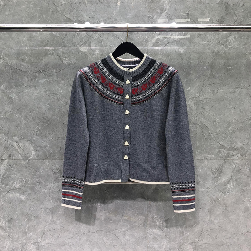 TB针织开衫女士复古费尔岛式毛衣