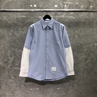 长袖 TB衬衫 子拼接撞色牛津纺修身 假两件袖 衬衣外套潮 男女情侣同款