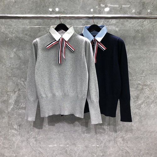 TB蝴蝶结假两件衬衫领针织衫毛衣