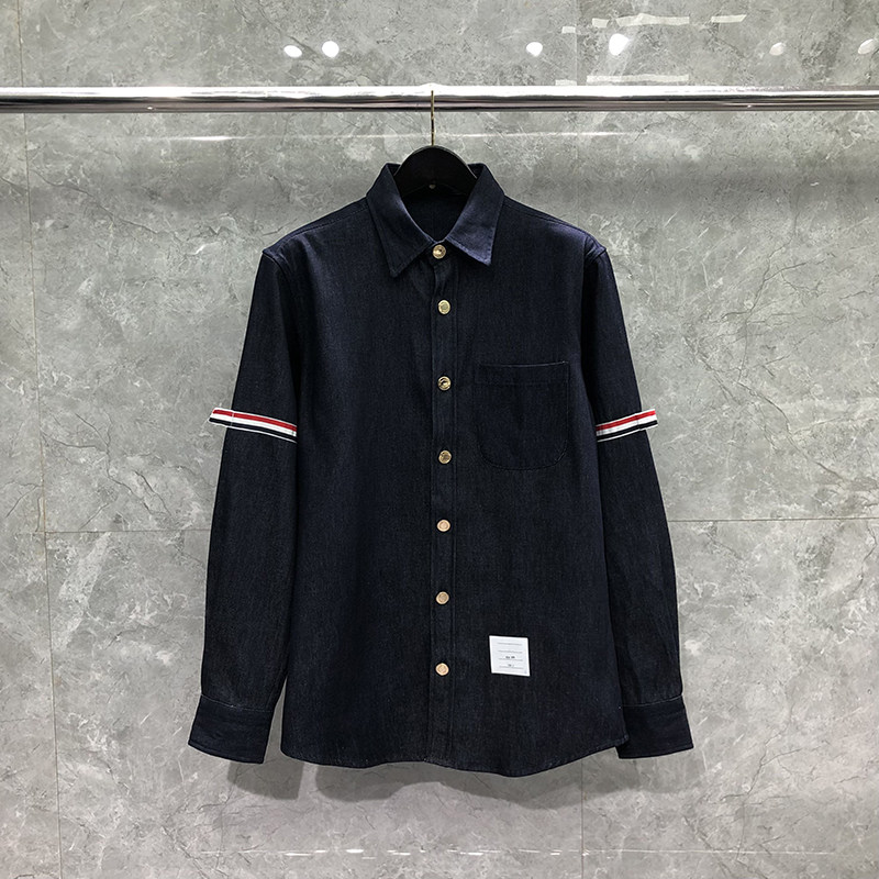 TB秋冬季牛仔长袖男衬衫双袖织带日系复古内搭衬衣工装男夹克外套