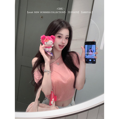CHU小初/斜肩小tee/纯白与江坂丽奈粉 不对称设计微透短款T恤