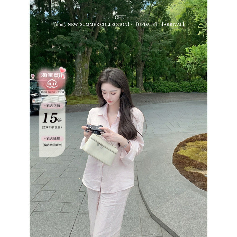 CHU小初/浅水粉 纯亚麻套装/绝美定染 精致重工衬衫长裤套装