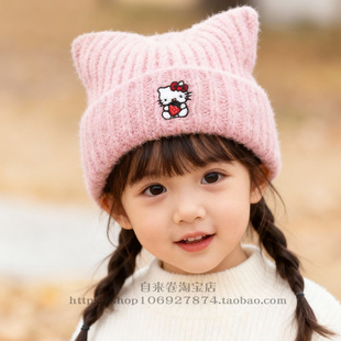 宝宝毛线帽秋冬糖果色可爱双角韩版针织帽猫咪图案百搭保暖帽子潮