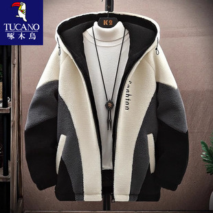 啄木鸟青少年羊羔绒外套男孩初中高中学生加厚夹克棉服大童秋冬装