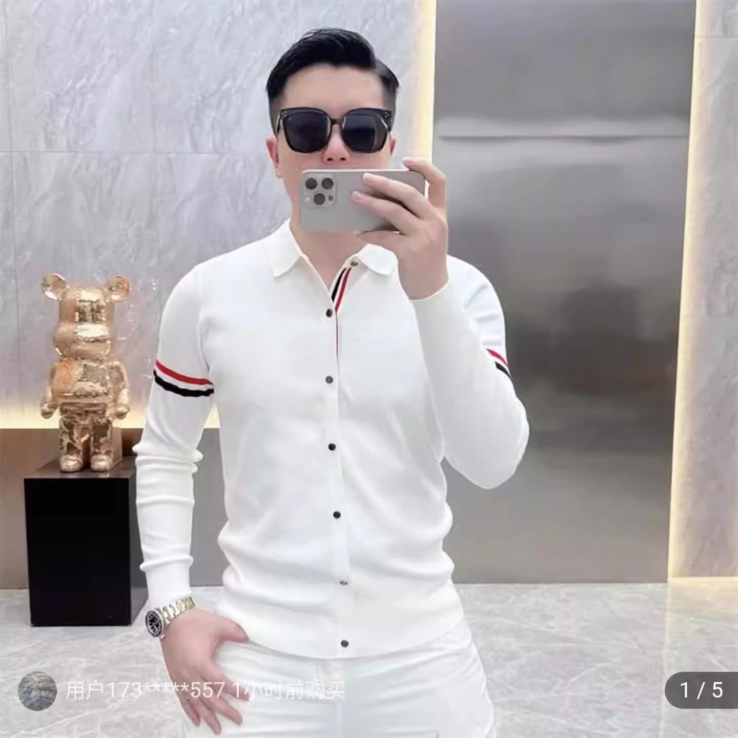 罗鸣老人品牌男装秋季新款拼接条纹翻领针织开衫男士修身百搭毛衣