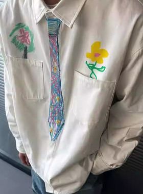 eeeeartmonster设计感手绘领带白色衬衫男女2025年春季学院风衬衣