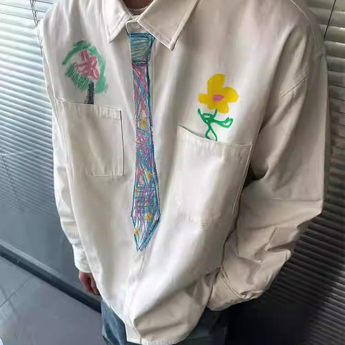 设计感手绘领带白色衬衫男女