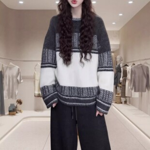 法式休闲圆领针织衫女秋冬季慵懒风费尔岛毛衣气质休闲打底衫上衣