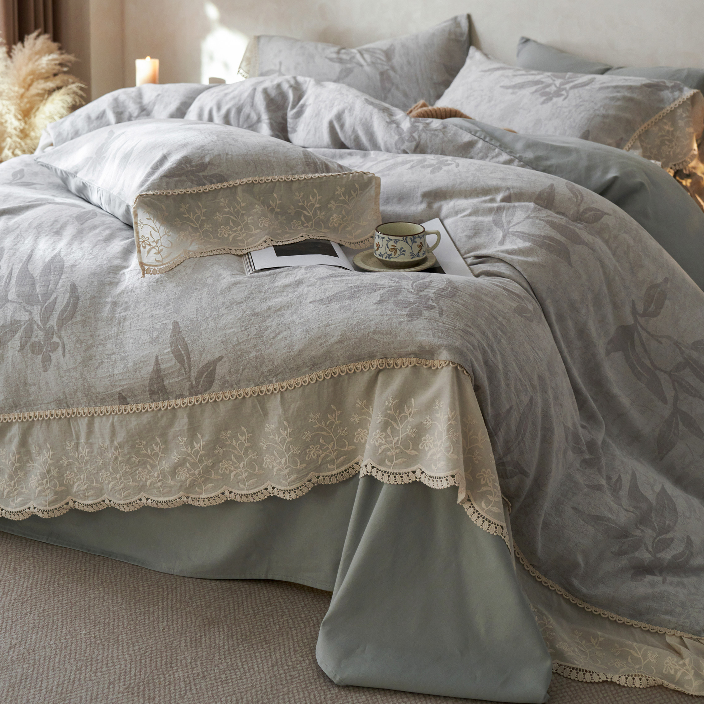 全棉磨毛色织提花四件套长绒棉床单被套法式复古风蕾丝纯棉秋冬款