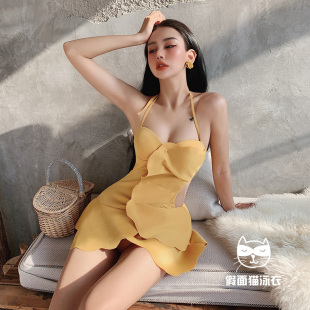 假面猫 保守泡温泉 ins风连体泳衣女性感小胸聚拢遮肚显瘦网红裙式