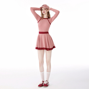 假面猫 粉色泳衣女2026新款女士泡温泉连体保守防晒长袖海边泳装