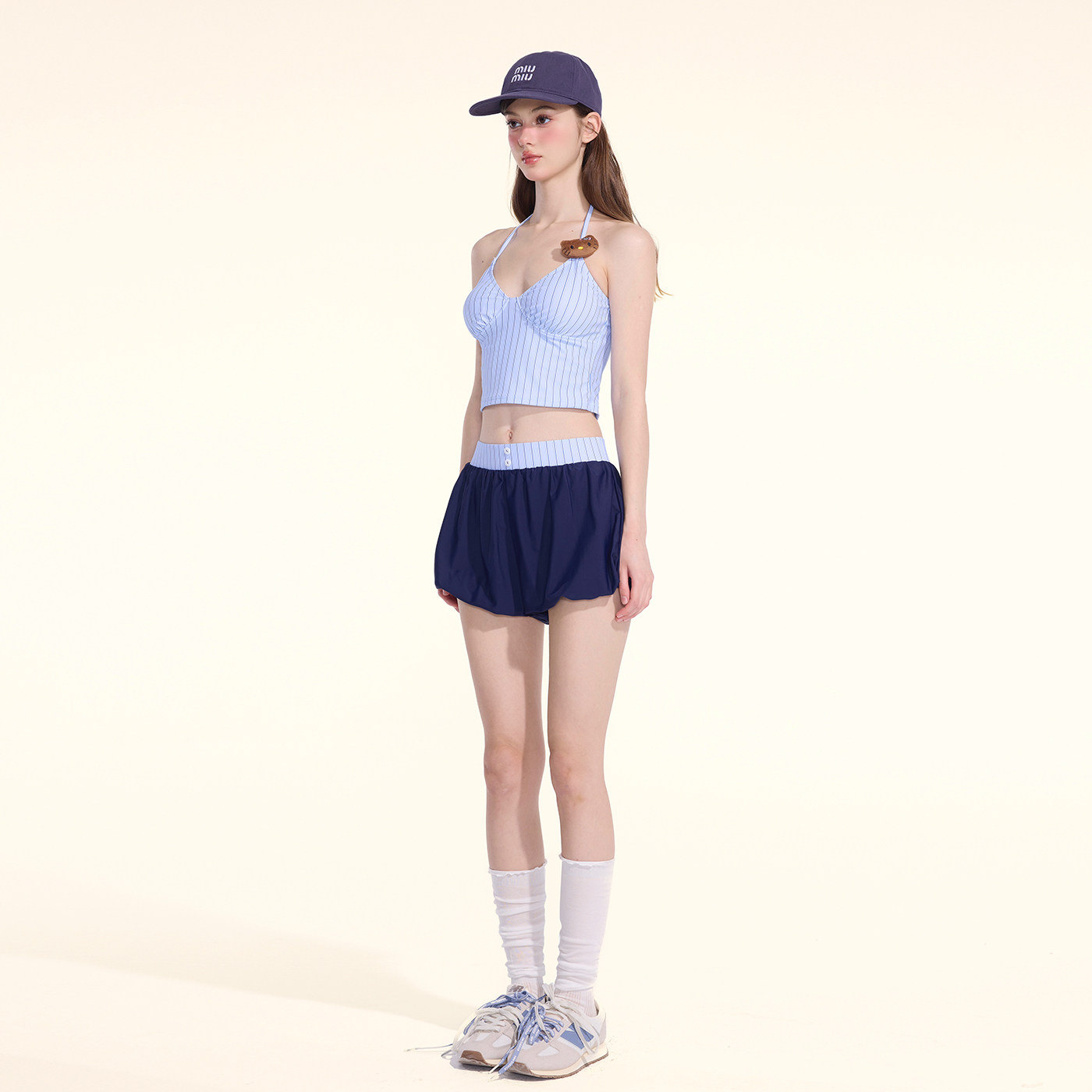 假面猫 辣妹泳衣女款泡温泉美式复古蓝色条纹小胸聚拢度假比基尼