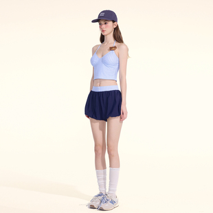 复古蓝色条纹小胸聚拢度假比基尼 泡温泉美式 假面猫 辣妹泳衣女款