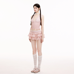 显瘦小胸聚拢高级感游泳衣 修身 假面猫 粉色泳衣女泡温泉分体裙式