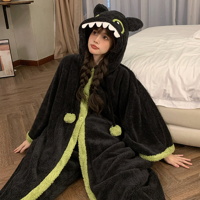 卡通无牙仔珊瑚绒睡衣女秋冬季新款加绒连帽可外穿趣味家居服套装