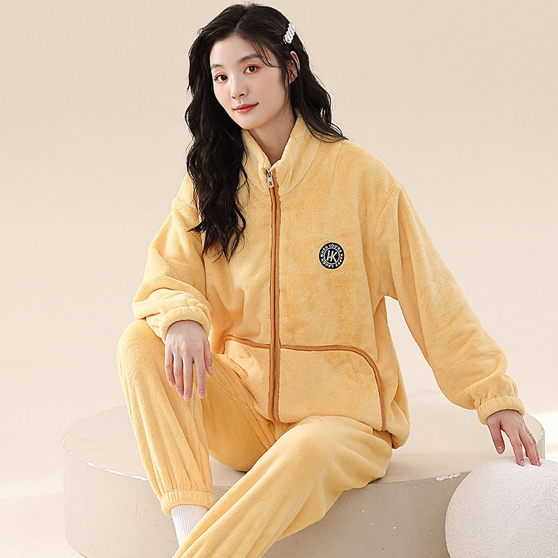 睡衣女士秋冬款加厚珊瑚绒长袖保暖家居服冬季法兰绒立领拉链