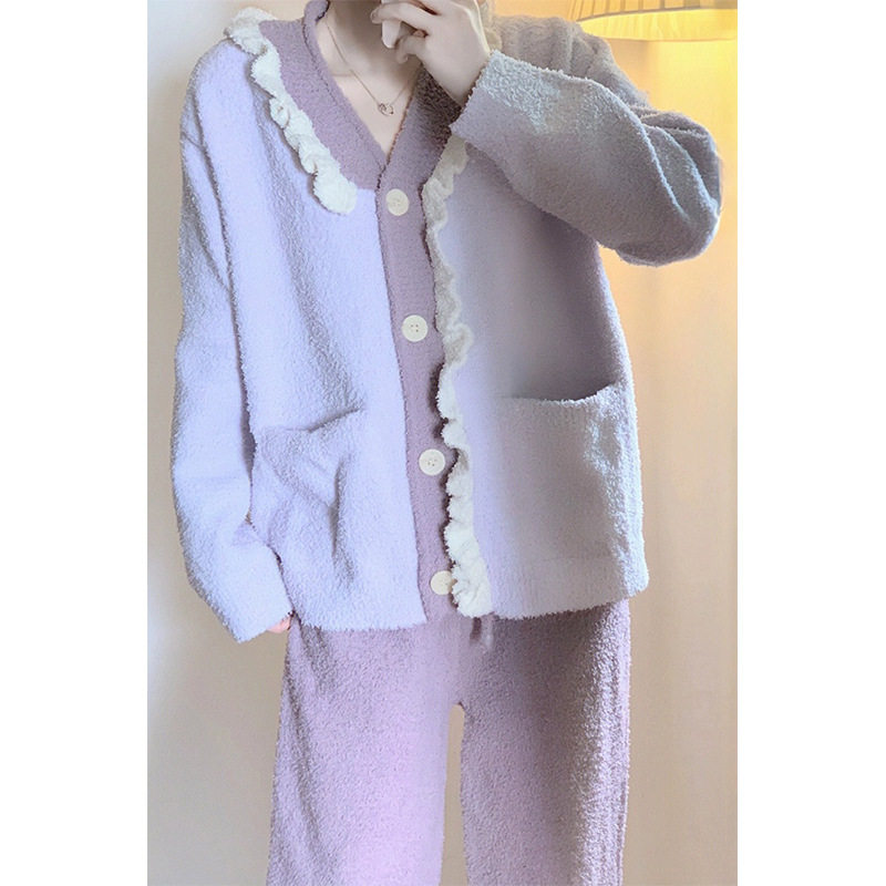 【现货】韩版半边绒睡衣女款加绒加厚冬季长袖毛绒针织家居服套装