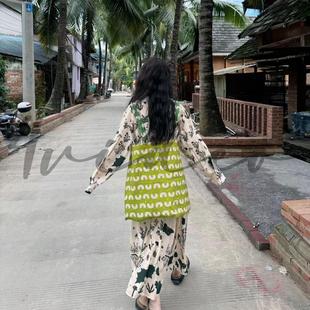 4video自制 超te别双肩单肩两用小众绿色猫咪可爱原宿风大容量包