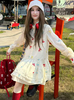 4video自制红黄蓝三原色立体刺绣小碎花长袖春夏白色蛋糕裙连衣裙