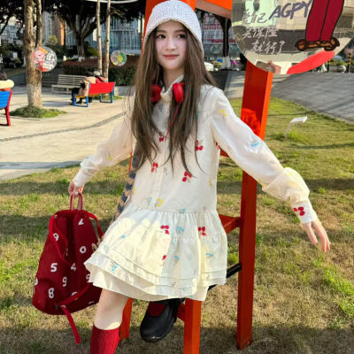 4video刺绣碎花长袖白色蛋糕裙