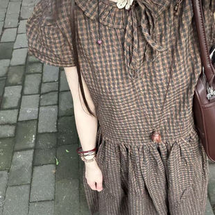 4video自制 收腰连衣裙 棕色渐变泡泡肌理纯棉气质格纹小格子短袖