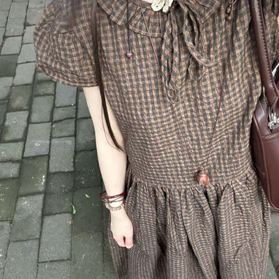 4video格子格纹短袖长款连衣裙