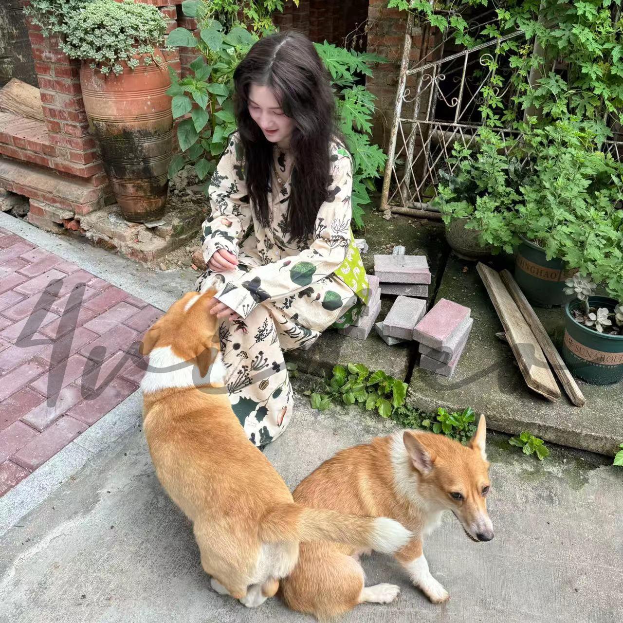 4video纯棉中性宽松套装衬衫碎花