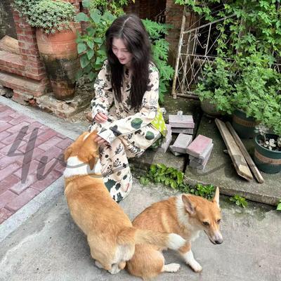 4video纯棉中性宽松套装衬衫碎花