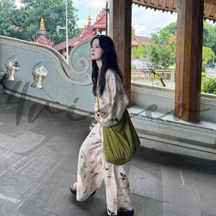 4video自制 彩色蝴蝶仙子素雅纯棉油画森系百搭麻本色三件套