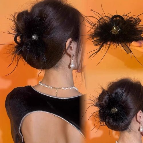 春夏鲨鱼夹羽毛抓夹高级感鸵鸟毛发夹后脑勺毛毛发抓超仙头饰批发