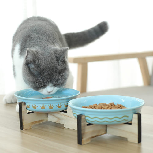 猫碗双碗自动喂食器陶瓷木架防打翻斜口保护颈椎猫粮碗盆宠物用品