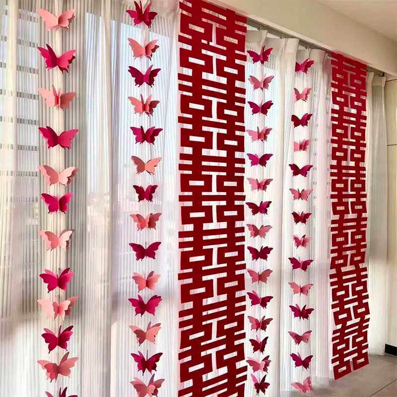 结婚礼长条喜字贴窗帘挂件婚房布置套装新房卧室装饰立体蝴蝶拉花