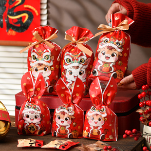 马年新年牛扎糖雪花酥包装袋26新春福招财猫年味抽绳束口袋礼品盒