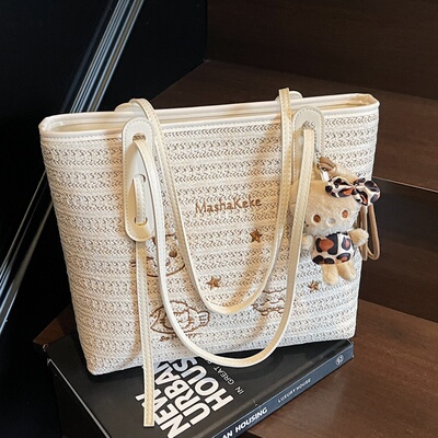 大容量编织草编通勤托特包