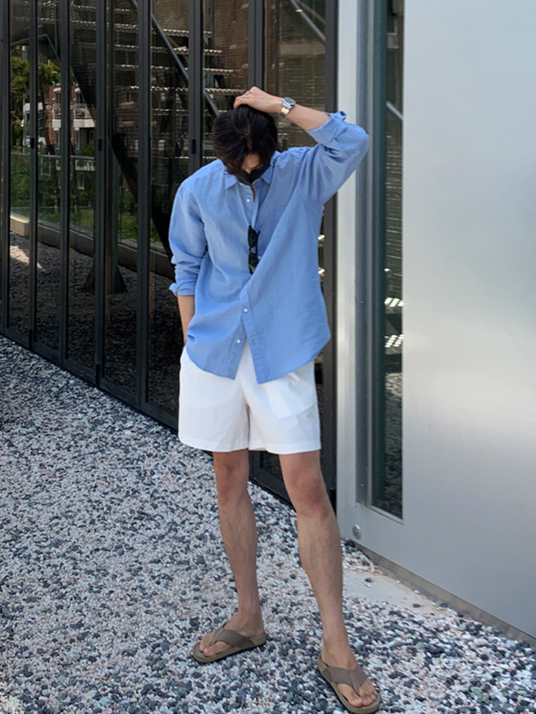 SSUMENAM WHITE SHORTS MENS SUMMER CASUAL WASHED COTTON PANTS TRENDY VERSATILE STRAIGHT CROPPED PANTS BEACH