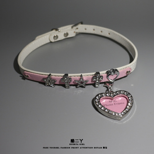 甜酷辣妹y2k亚文化choker皮质项圈女千禧小众满钻粉爱心吊坠项链