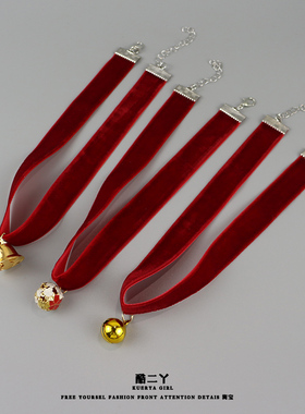 圣诞新年红色丝绒铃铛项链氛围感