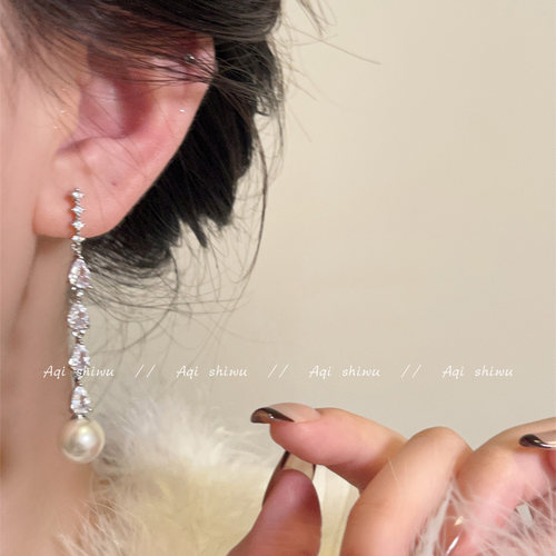 锆石珍珠长款耳环女小众设计高级